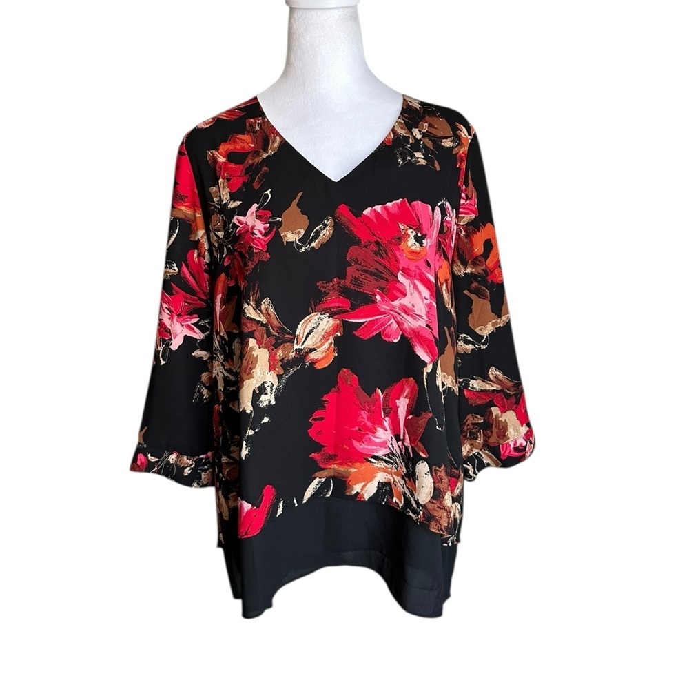 CHICO’S Black/Red Floral Pullover Dressy Blouse Top Sz 1 Layers